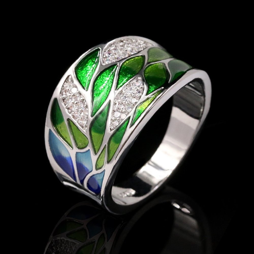 Jewelry ring dome band leaf nature 925 sterling silver green blue elegant